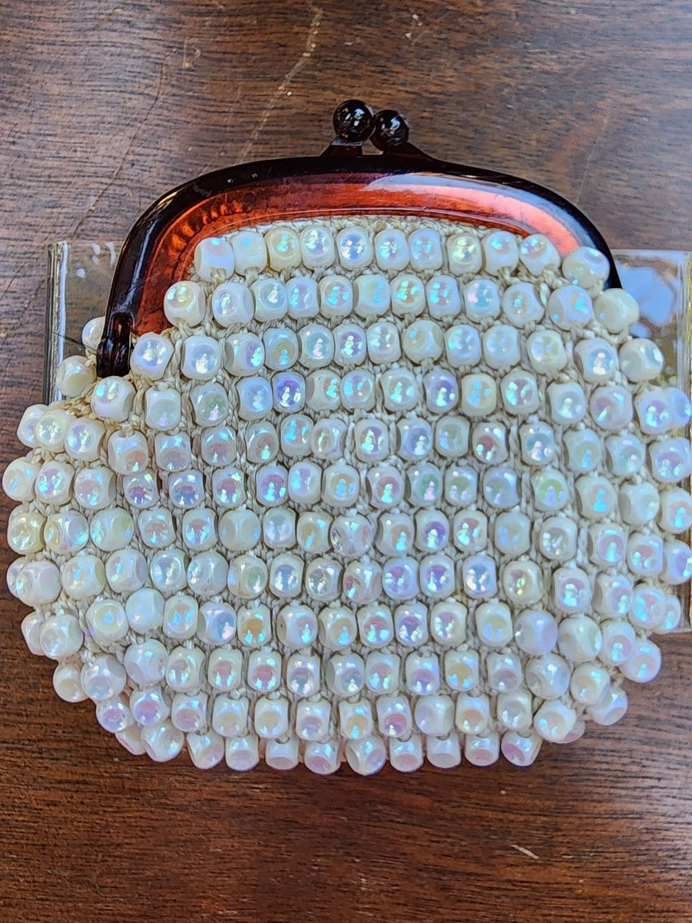 Vintage Faux Pearl Beaded Coin Purse Tortoiseshell Lucite Frame Kiss Lock